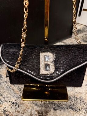 Bebe Black  Sequin Evening Crossbody Bag with Crystal 'B' Accent